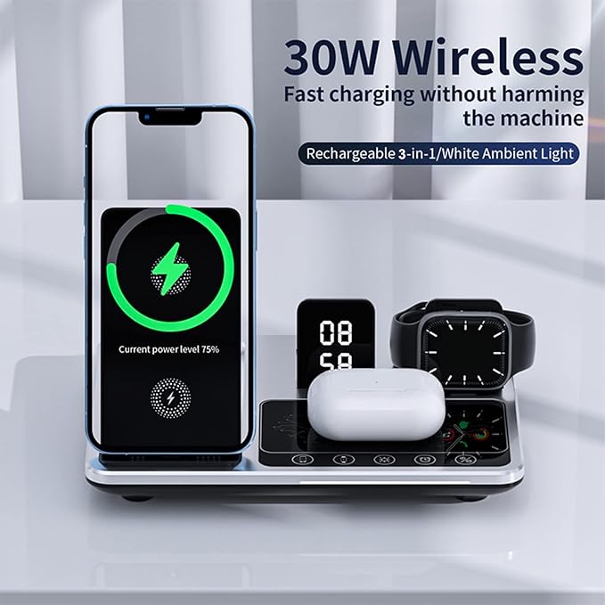 4-in-1 Wireless Charger with Clock | Fast & Foldable Charging Dock