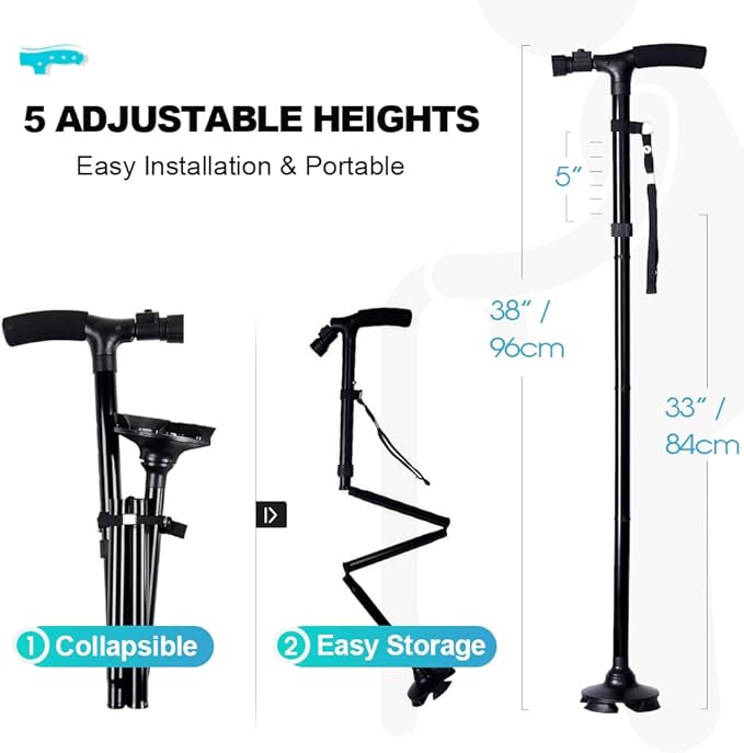 Lighted Folding Walking Cane – Adjustable Aluminum Stick for Seniors & Adults