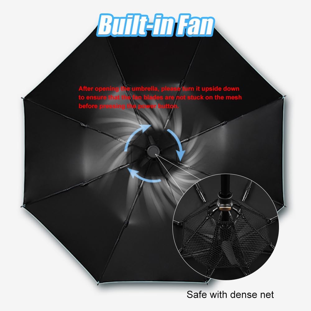 Portable Umbrella with Fan, UPF 50+ Sun and Rain Umbrella Travel Umbrella with Personal Cooling Fan, 2600mAh USB Rechargeable, Folding Compact Umbrella for Hot Summer