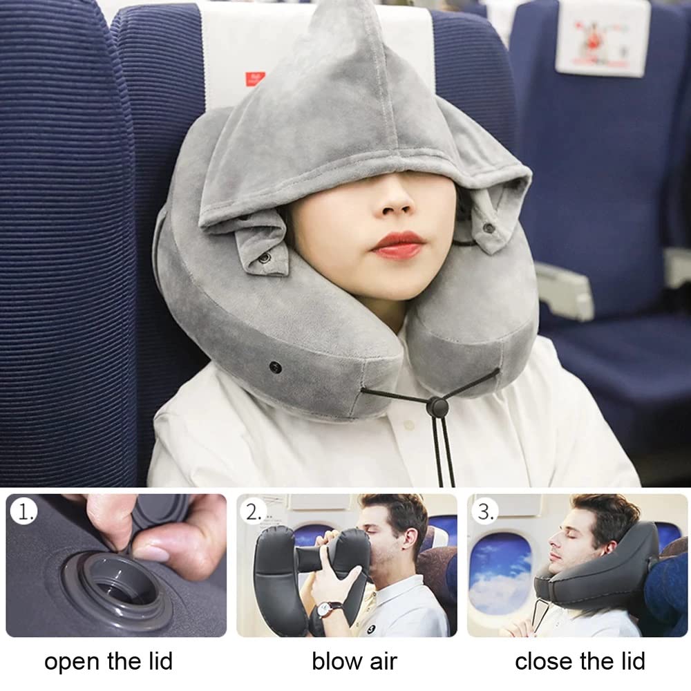 Lightweight inflatable neck pillow with hood — soft, washable, and easy to carry anywhere. 🌈