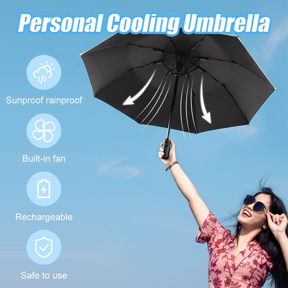 Portable Umbrella with Fan, UPF 50+ Sun and Rain Umbrella Travel Umbrella with Personal Cooling Fan, 2600mAh USB Rechargeable, Folding Compact Umbrella for Hot Summer