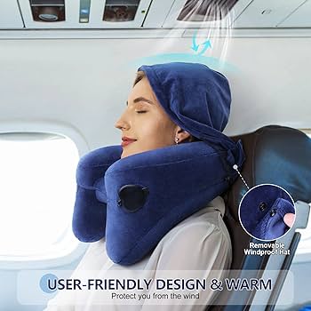 Lightweight inflatable neck pillow with hood — soft, washable, and easy to carry anywhere. 🌈
