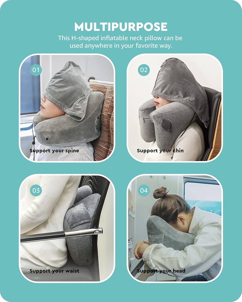 Lightweight inflatable neck pillow with hood — soft, washable, and easy to carry anywhere. 🌈