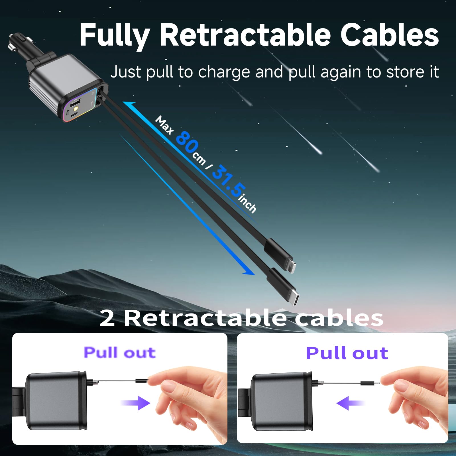 4-in-1 Retractable Car Charger | 120W Fast PD Charging for iPhone, Android & Laptops