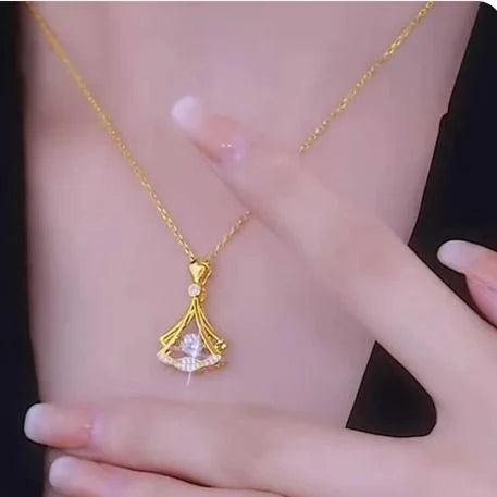 "Gold Plated Fan Necklace – Elegant Statement Pendant for Women & Girls"