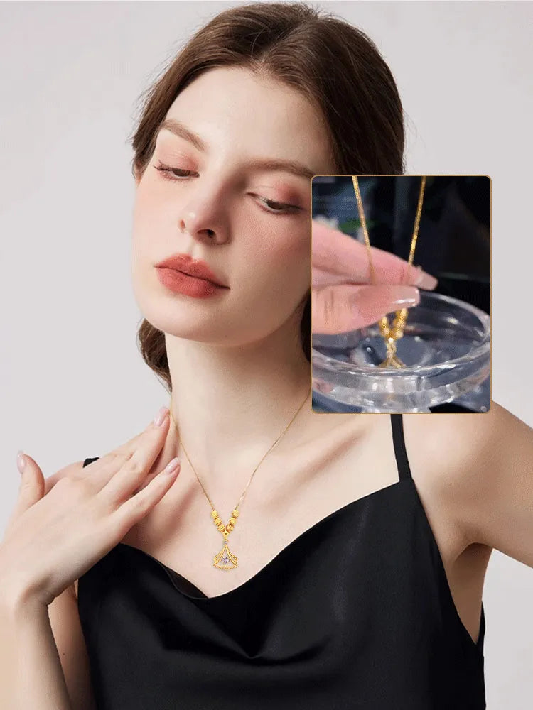 "Gold Plated Fan Necklace – Elegant Statement Pendant for Women & Girls"