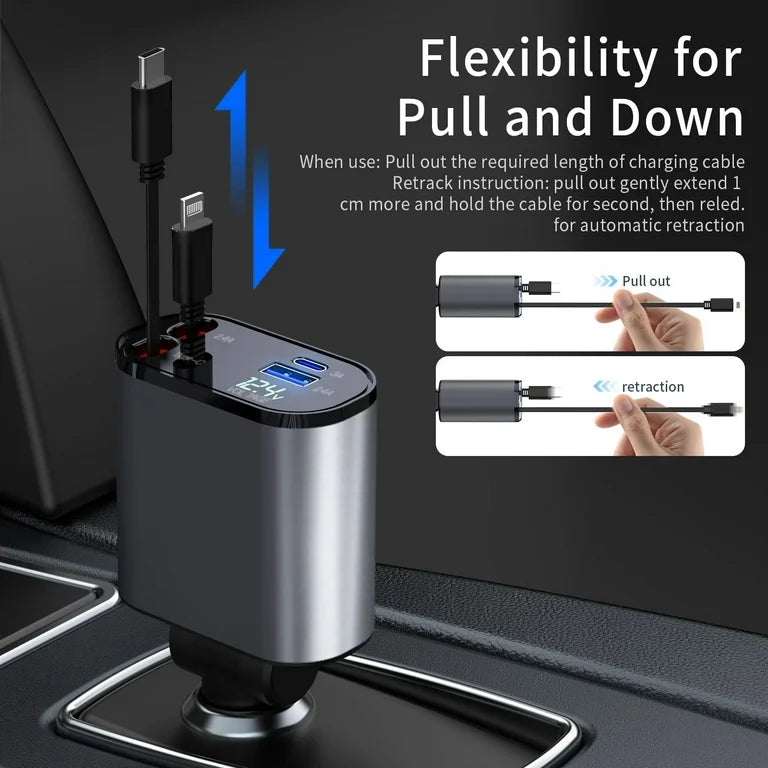 4-in-1 Retractable Car Charger | 120W Fast PD Charging for iPhone, Android & Laptops