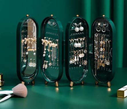 Jewelry Organizer Box with Mirror | Foldable Earring & Necklace Holder