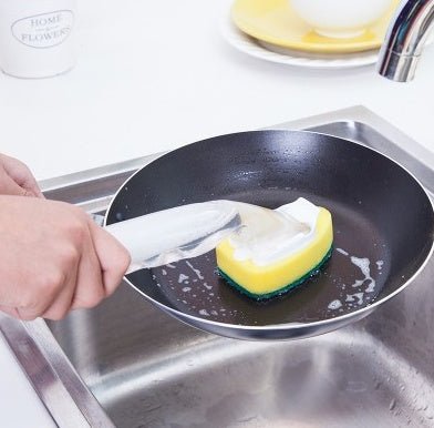 Long Handle Dishwand Brush with Soap Dispenser & Scraper