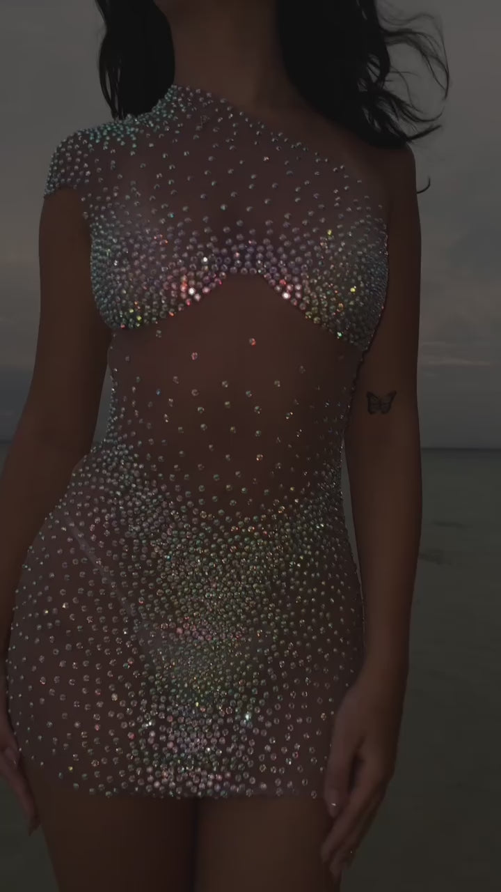 Meghyn One Shoulder Rhinestone Mini Dress  Luxury Sparkling Party & Cocktail Dress for Women