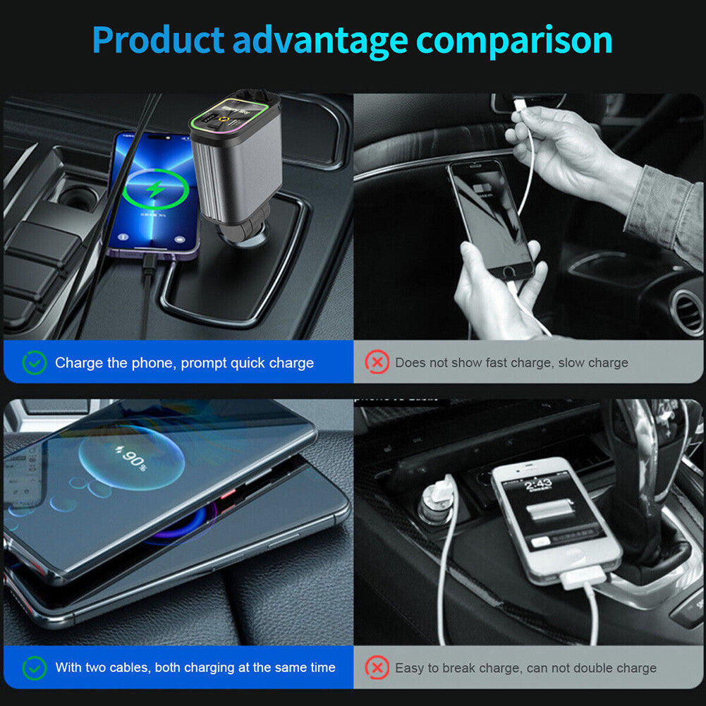 4-in-1 Retractable Car Charger | 120W Fast PD Charging for iPhone, Android & Laptops